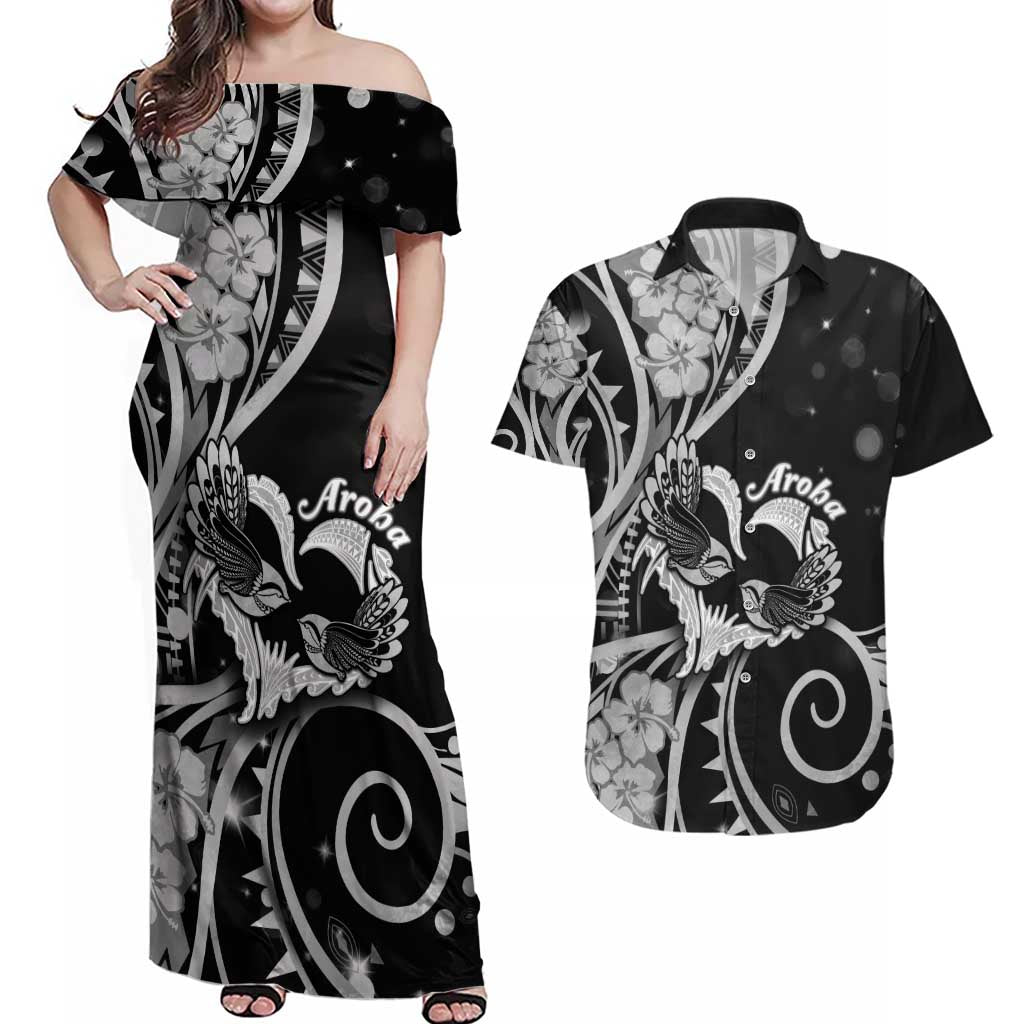 New Zealand Valentine Couples Matching Off Shoulder Maxi Dress and Hawaiian Shirt Aroha Gray Piwakawaka