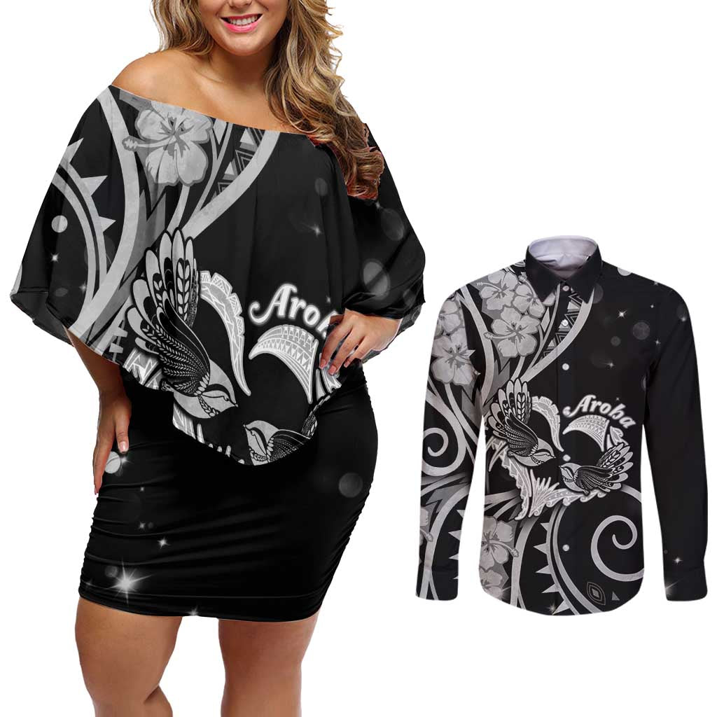 New Zealand Valentine Couples Matching Off Shoulder Short Dress and Long Sleeve Button Shirt Aroha Gray Piwakawaka