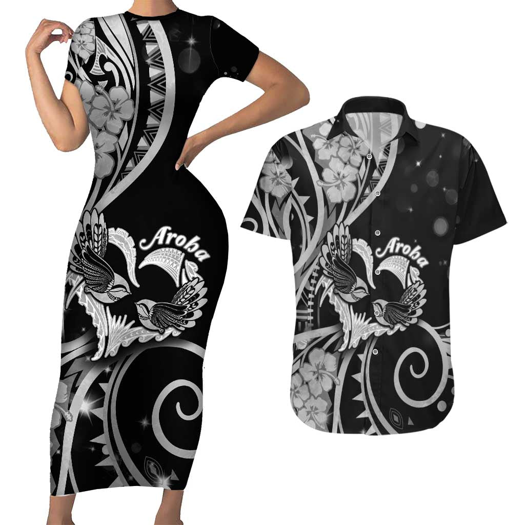 New Zealand Valentine Couples Matching Short Sleeve Bodycon Dress and Hawaiian Shirt Aroha Gray Piwakawaka