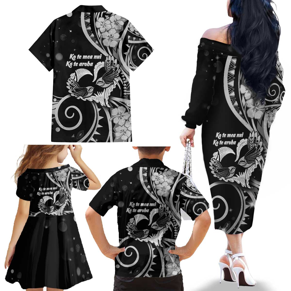 New Zealand Valentine Family Matching Off The Shoulder Long Sleeve Dress and Hawaiian Shirt Aroha Gray Piwakawaka