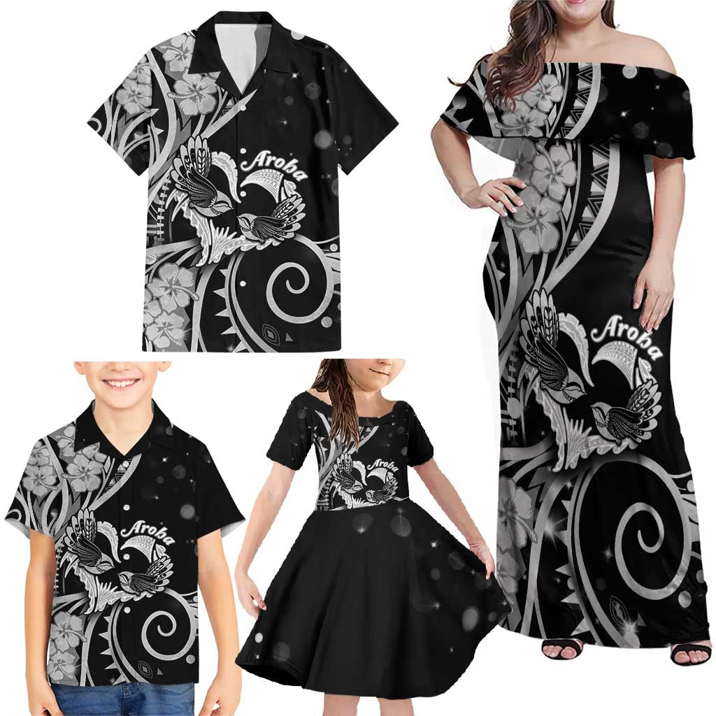 New Zealand Valentine Family Matching Off Shoulder Maxi Dress and Hawaiian Shirt Aroha Gray Piwakawaka