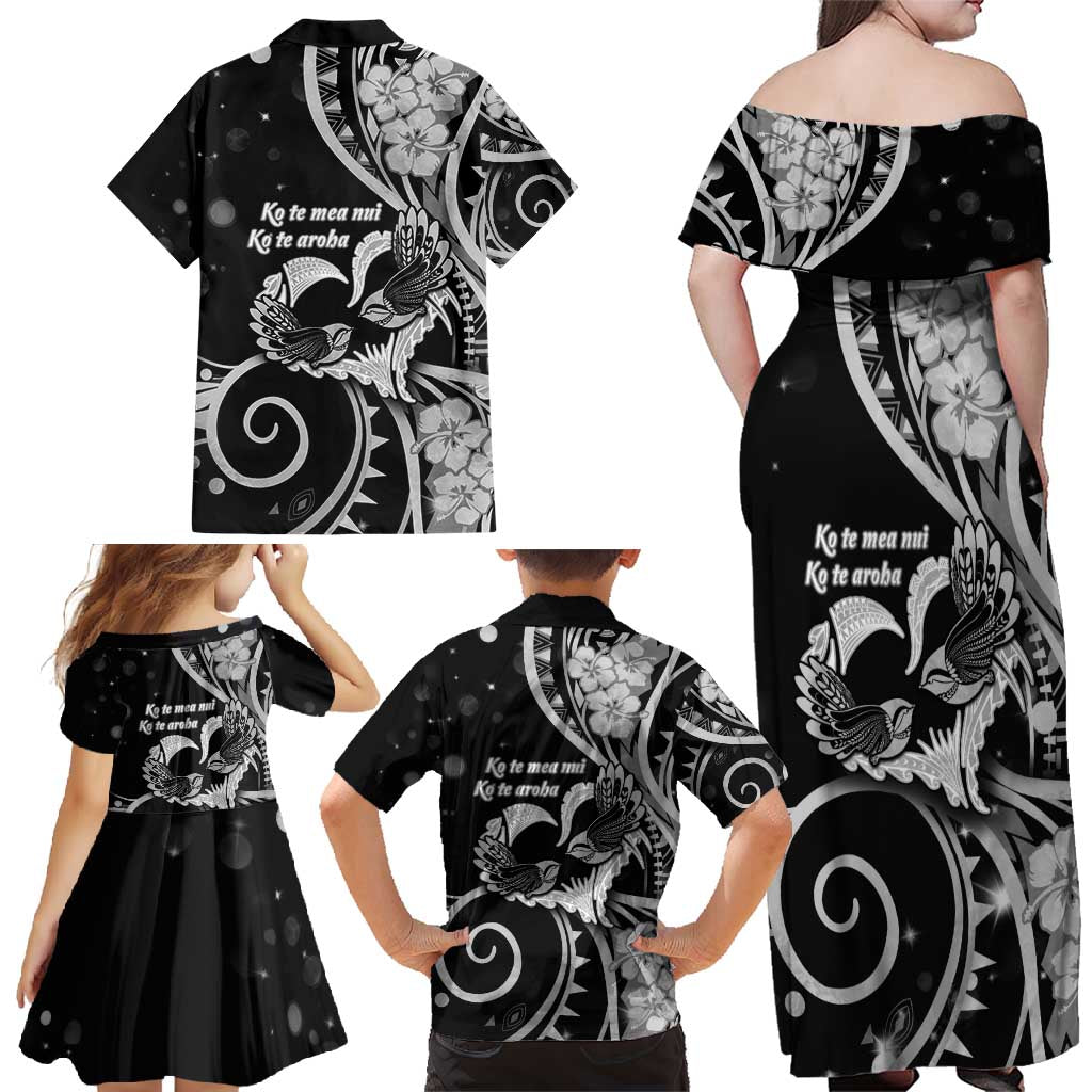 New Zealand Valentine Family Matching Off Shoulder Maxi Dress and Hawaiian Shirt Aroha Gray Piwakawaka