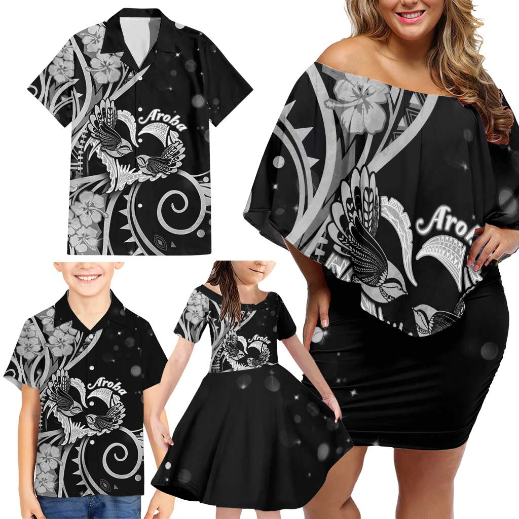 New Zealand Valentine Family Matching Off Shoulder Short Dress and Hawaiian Shirt Aroha Gray Piwakawaka