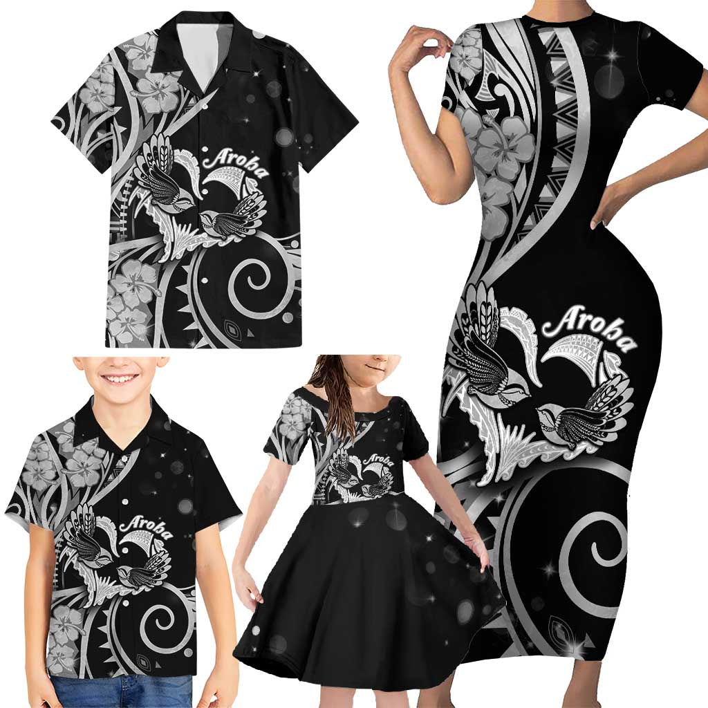 New Zealand Valentine Family Matching Short Sleeve Bodycon Dress and Hawaiian Shirt Aroha Gray Piwakawaka