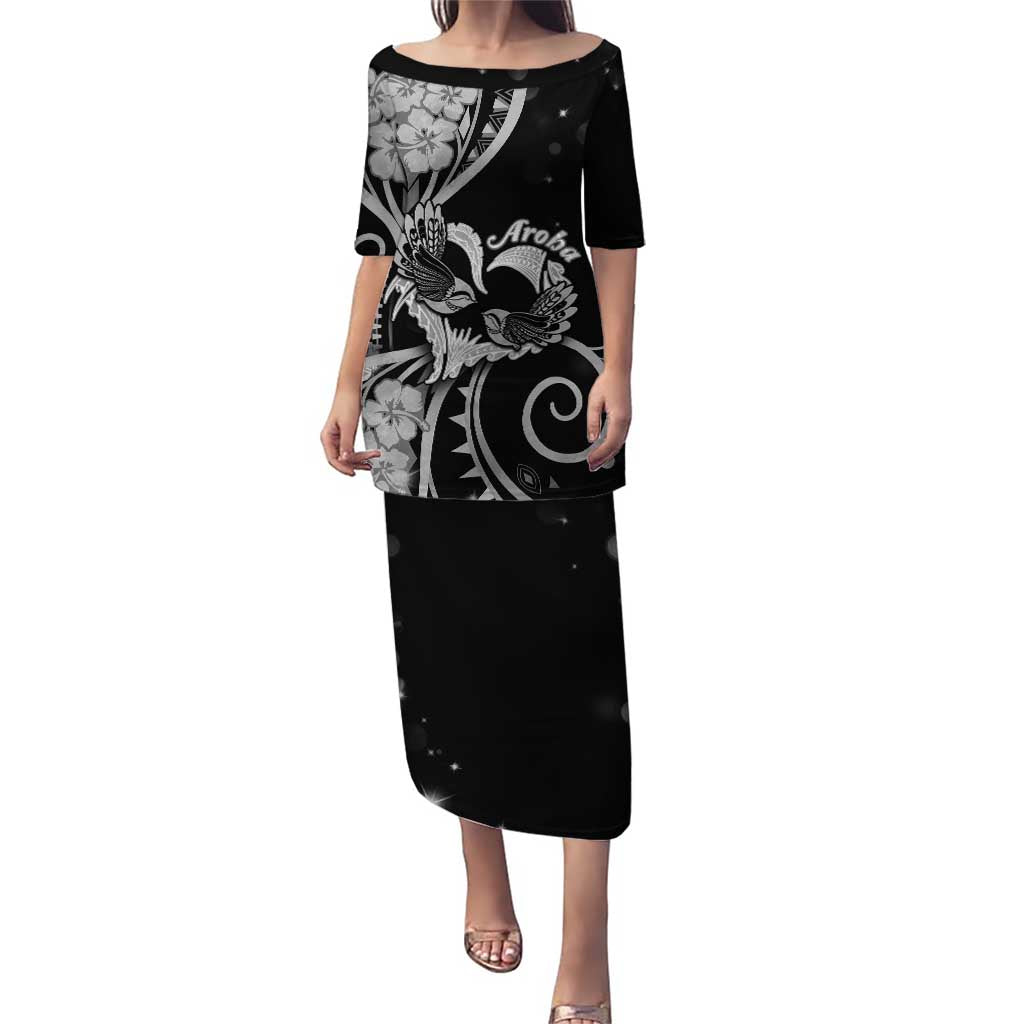 New Zealand Valentine Puletasi Aroha Gray Piwakawaka LT05 Long Dress Gray - Polynesian Pride
