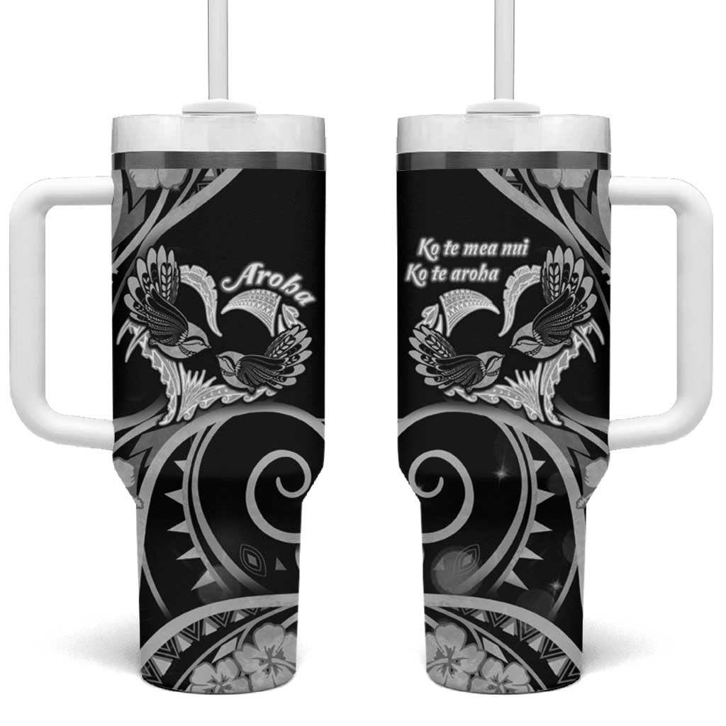 New Zealand Valentine Tumbler With Handle Aroha Gray Piwakawaka LT05 One Size: 40 oz Gray - Polynesian Pride