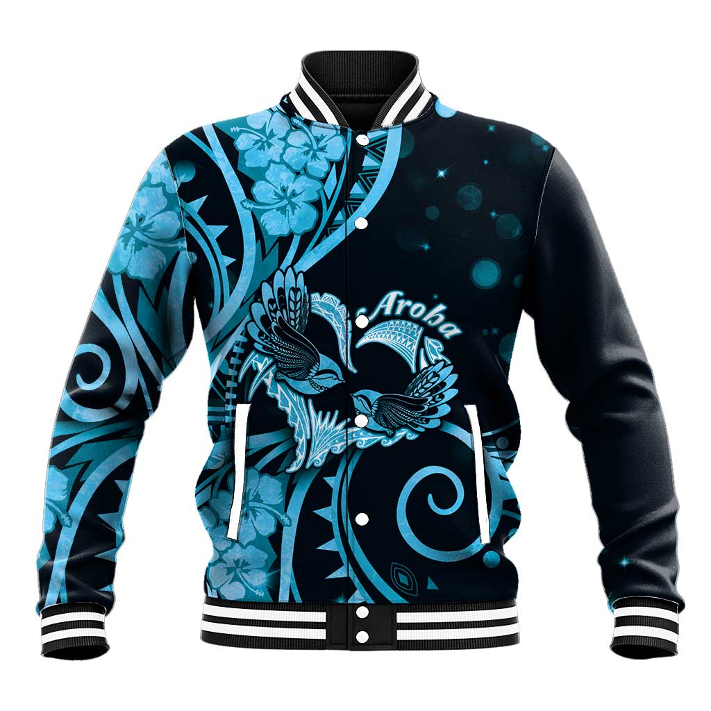 New Zealand Valentine Baseball Jacket Aroha Cyan Piwakawaka LT05 Unisex Cyan - Polynesian Pride