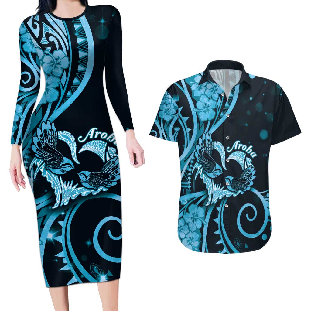 New Zealand Valentine Couples Matching Long Sleeve Bodycon Dress and Hawaiian Shirt Aroha Cyan Piwakawaka