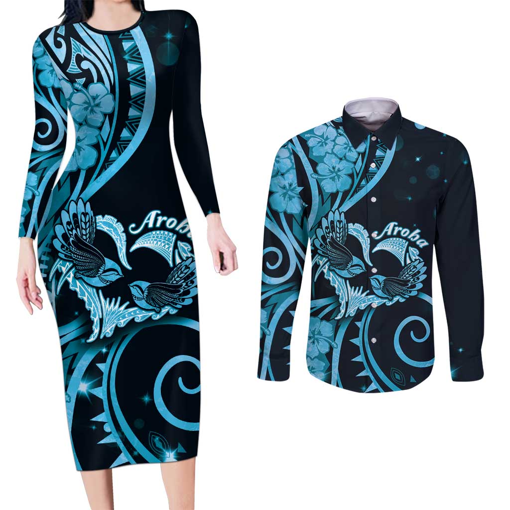 New Zealand Valentine Couples Matching Long Sleeve Bodycon Dress and Long Sleeve Button Shirt Aroha Cyan Piwakawaka