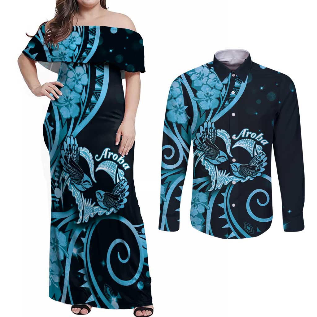 New Zealand Valentine Couples Matching Off Shoulder Maxi Dress and Long Sleeve Button Shirt Aroha Cyan Piwakawaka