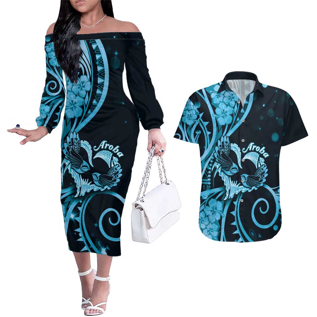 New Zealand Valentine Couples Matching Off The Shoulder Long Sleeve Dress and Hawaiian Shirt Aroha Cyan Piwakawaka