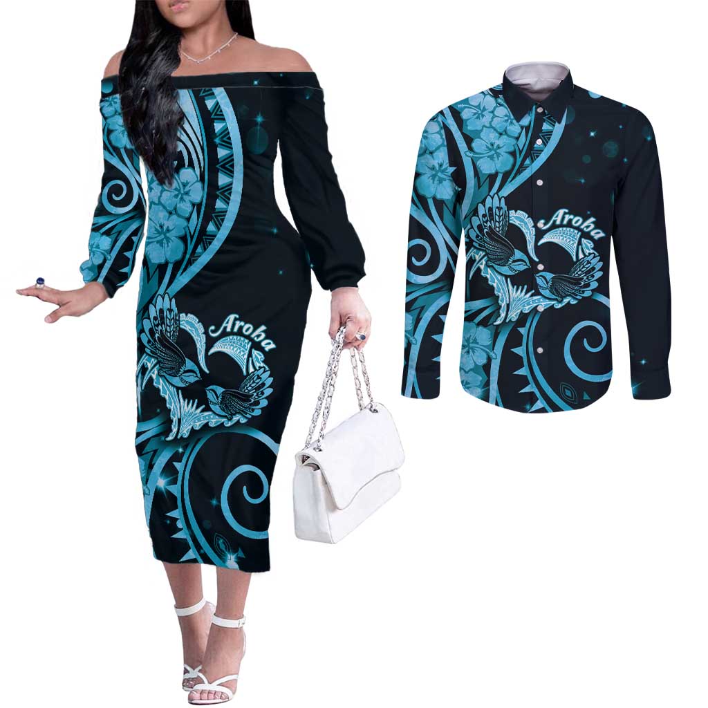 New Zealand Valentine Couples Matching Off The Shoulder Long Sleeve Dress and Long Sleeve Button Shirt Aroha Cyan Piwakawaka