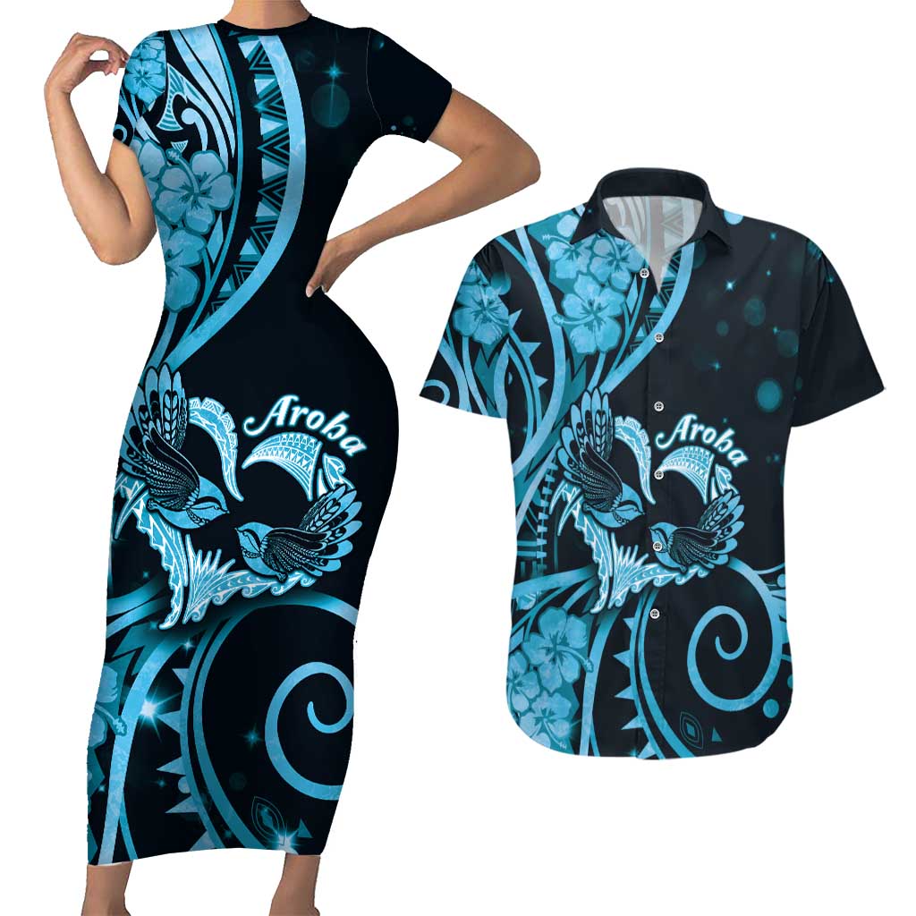 New Zealand Valentine Couples Matching Short Sleeve Bodycon Dress and Hawaiian Shirt Aroha Cyan Piwakawaka