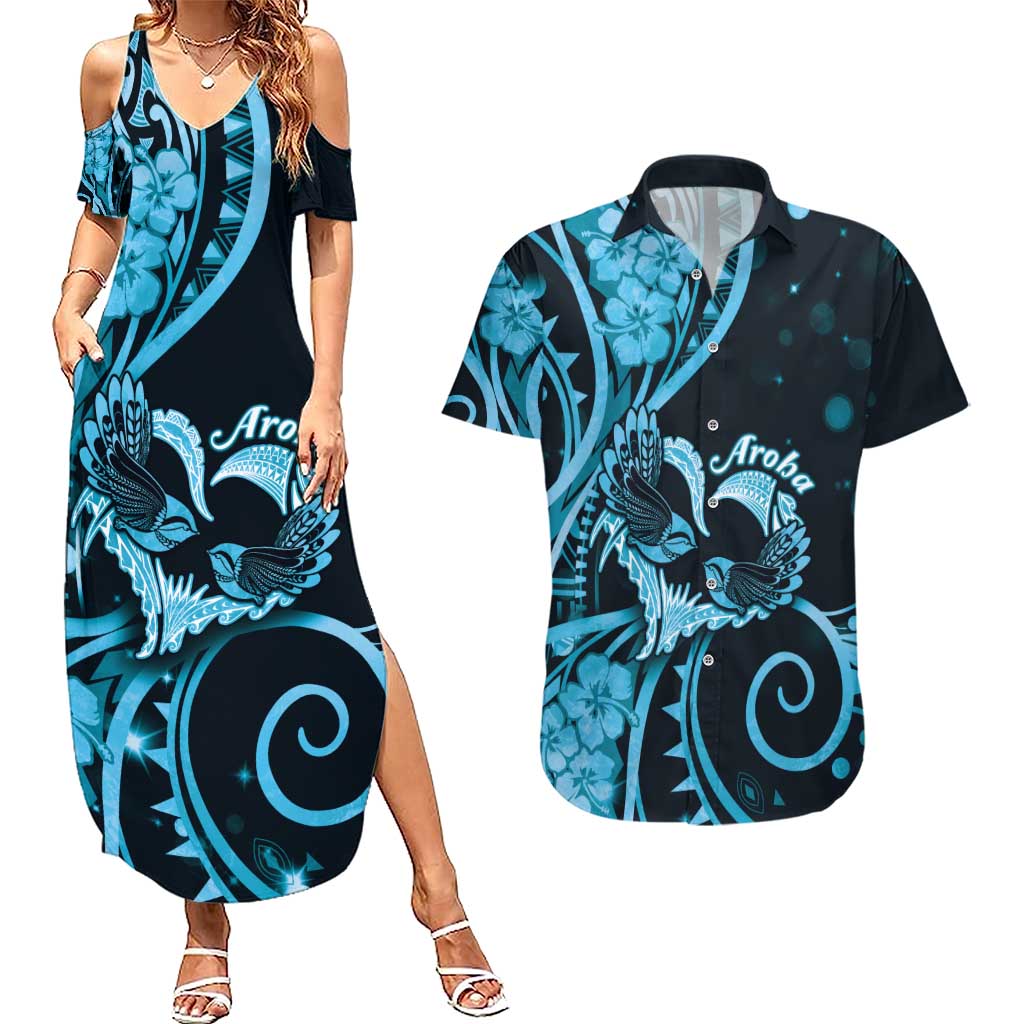 New Zealand Valentine Couples Matching Summer Maxi Dress and Hawaiian Shirt Aroha Cyan Piwakawaka