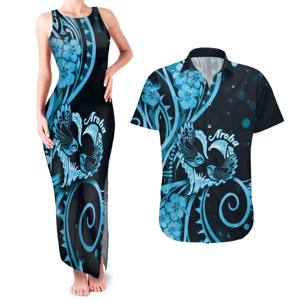 New Zealand Valentine Couples Matching Tank Maxi Dress and Hawaiian Shirt Aroha Cyan Piwakawaka