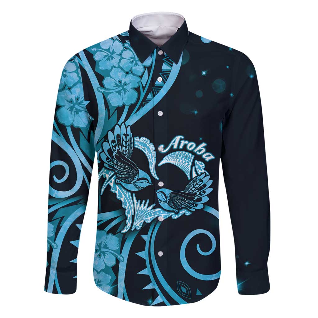New Zealand Valentine Family Matching Long Sleeve Bodycon Dress and Hawaiian Shirt Aroha Cyan Piwakawaka
