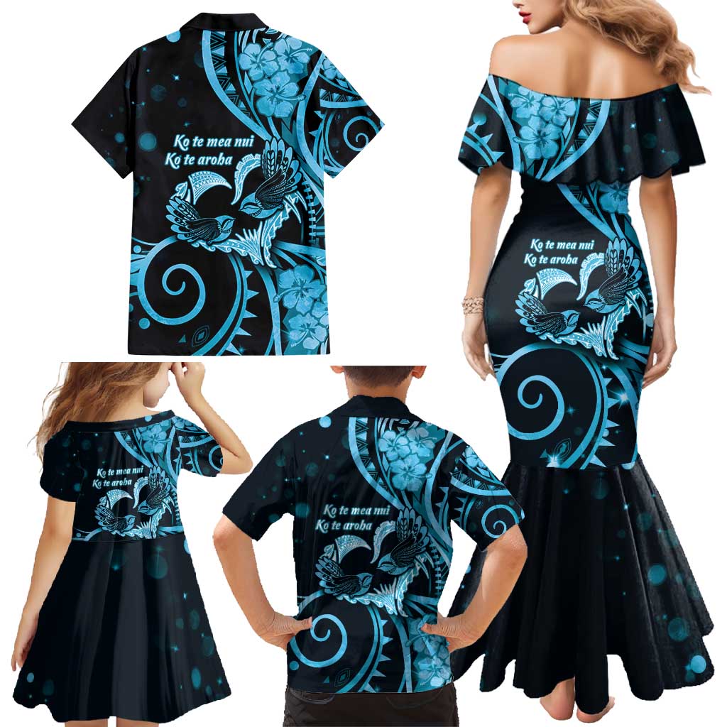 New Zealand Valentine Family Matching Mermaid Dress and Hawaiian Shirt Aroha Cyan Piwakawaka