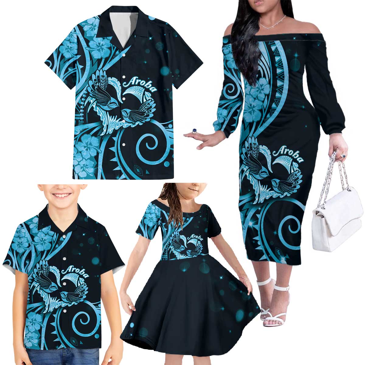 New Zealand Valentine Family Matching Off The Shoulder Long Sleeve Dress and Hawaiian Shirt Aroha Cyan Piwakawaka