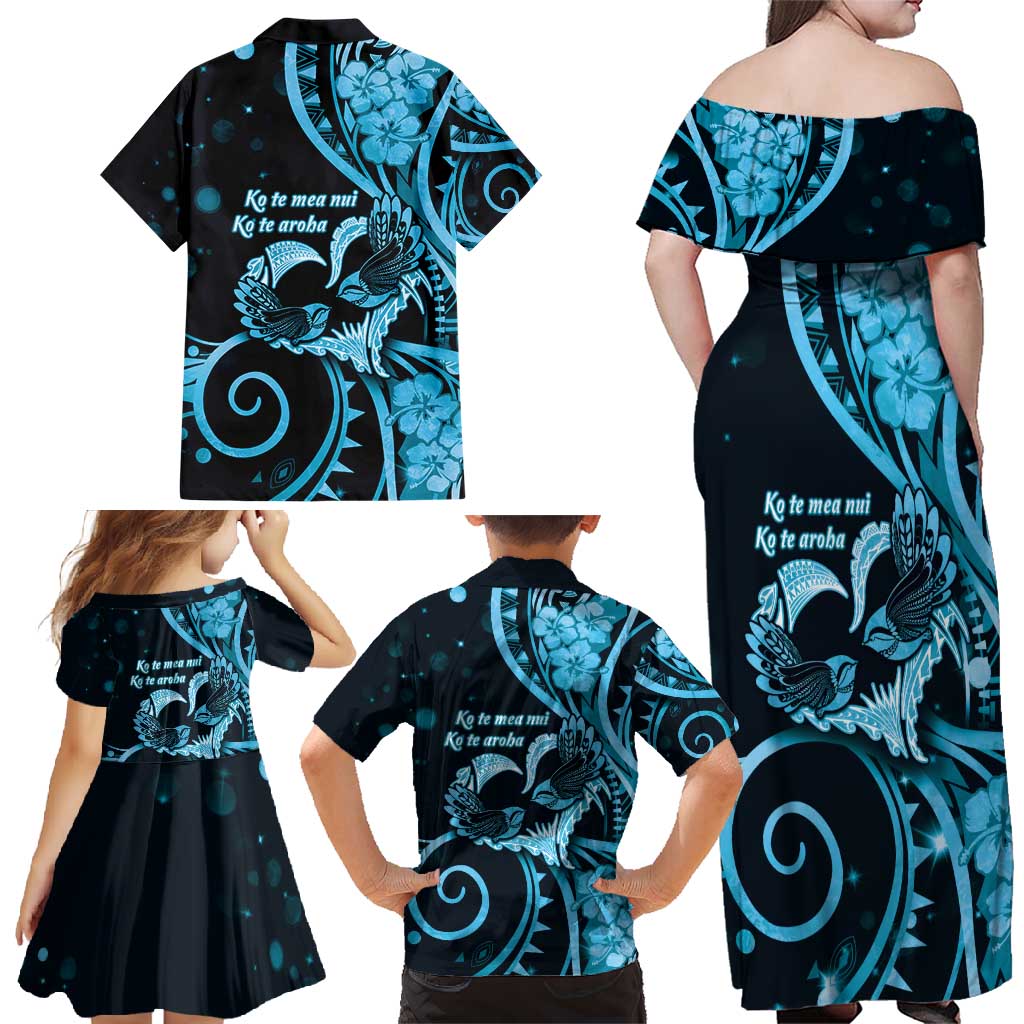 New Zealand Valentine Family Matching Off Shoulder Maxi Dress and Hawaiian Shirt Aroha Cyan Piwakawaka