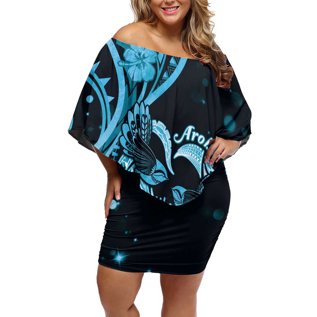 New Zealand Valentine Family Matching Off Shoulder Short Dress and Hawaiian Shirt Aroha Cyan Piwakawaka