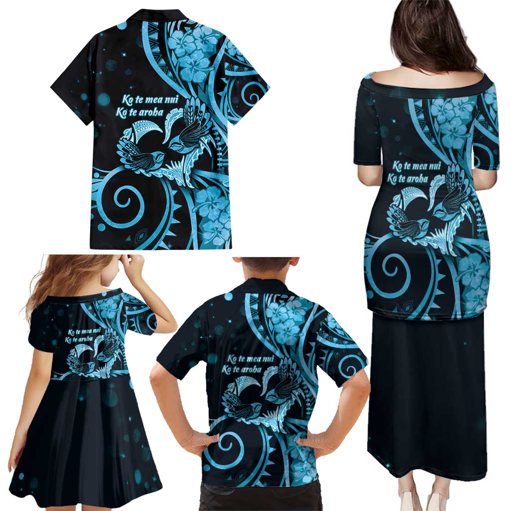 New Zealand Valentine Family Matching Puletasi and Hawaiian Shirt Aroha Cyan Piwakawaka