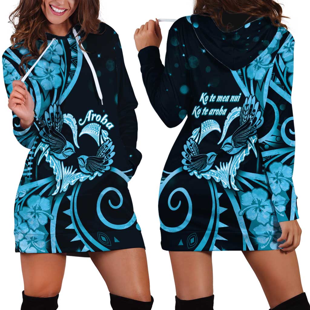 New Zealand Valentine Hoodie Dress Aroha Cyan Piwakawaka