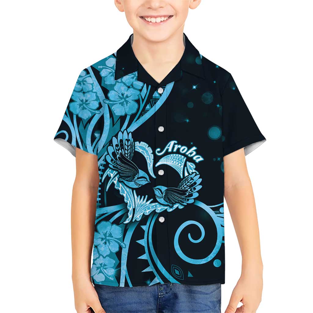 New Zealand Valentine Kid Hawaiian Shirt Aroha Cyan Piwakawaka