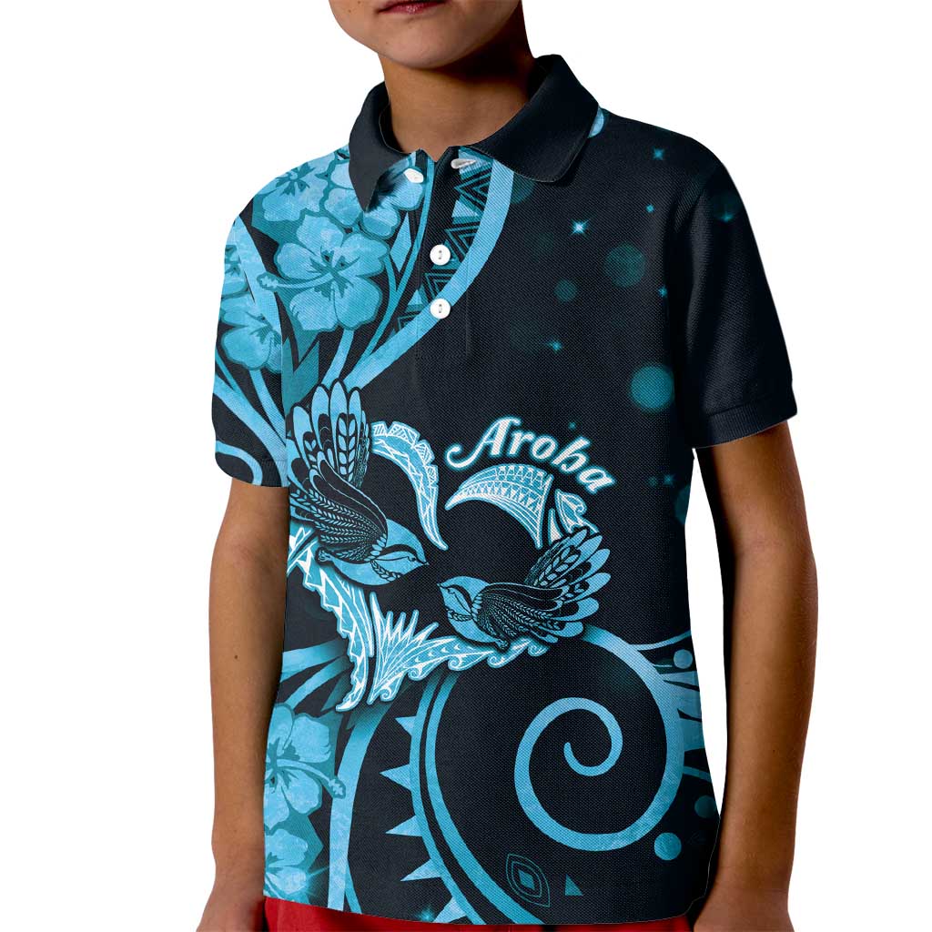 New Zealand Valentine Kid Polo Shirt Aroha Cyan Piwakawaka