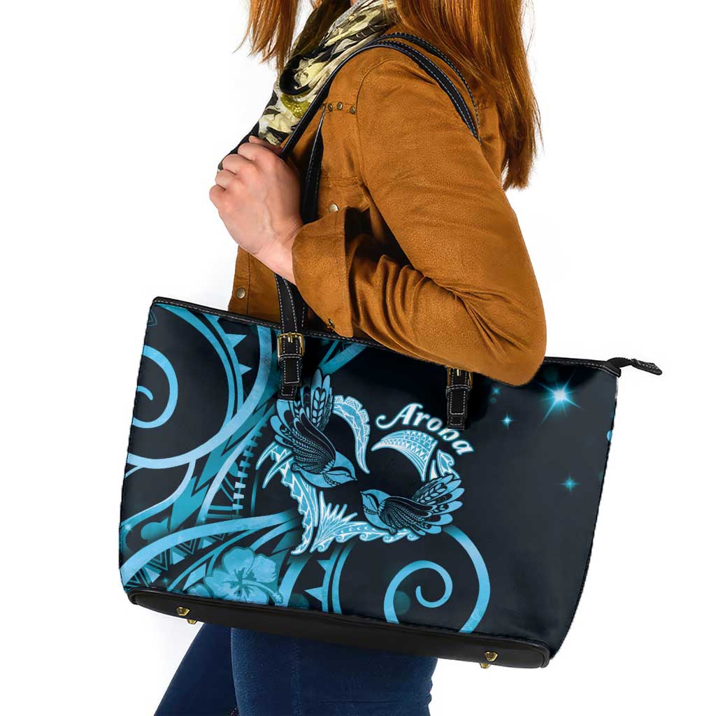 New Zealand Valentine Leather Tote Bag Aroha Cyan Piwakawaka