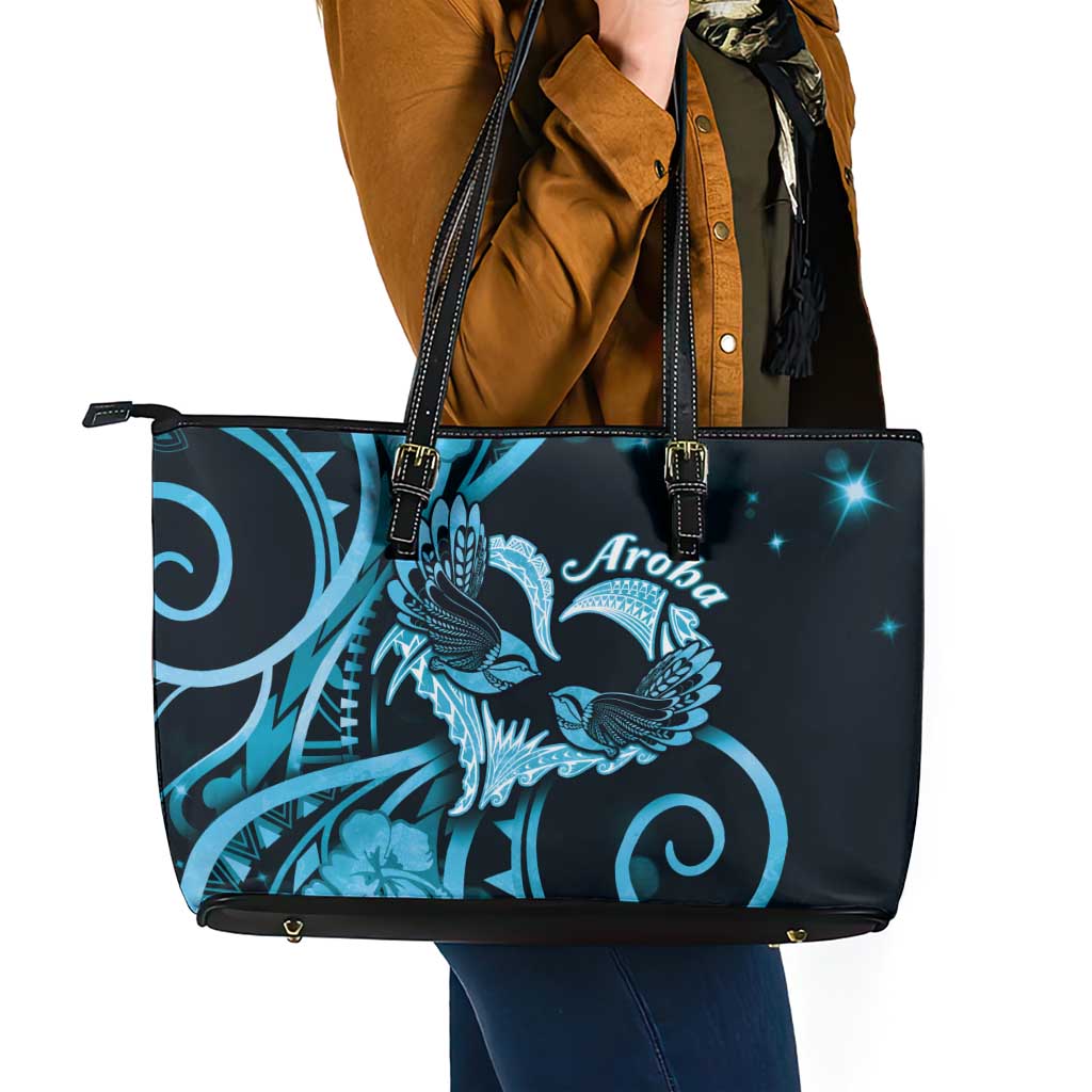 New Zealand Valentine Leather Tote Bag Aroha Cyan Piwakawaka LT05 - Polynesian Pride