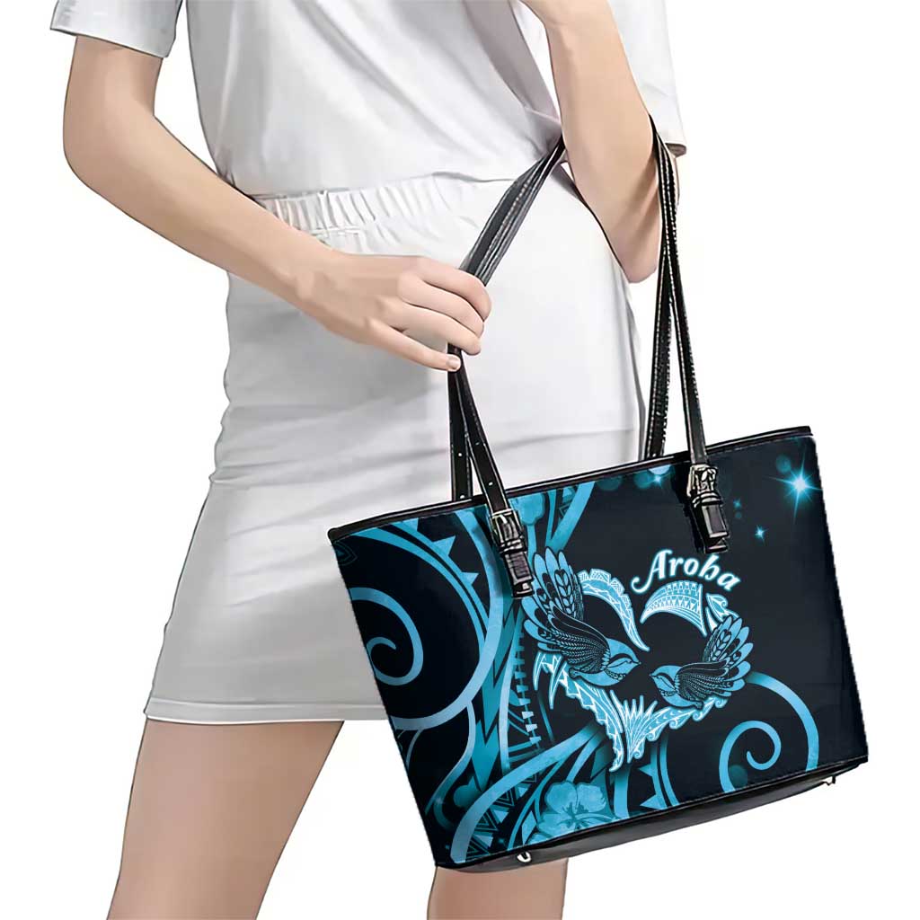 New Zealand Valentine Leather Tote Bag Aroha Cyan Piwakawaka LT05 - Polynesian Pride