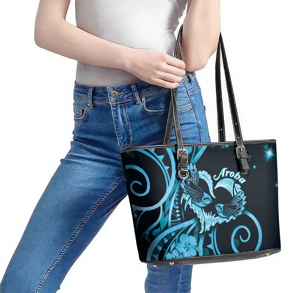New Zealand Valentine Leather Tote Bag Aroha Cyan Piwakawaka LT05 - Polynesian Pride
