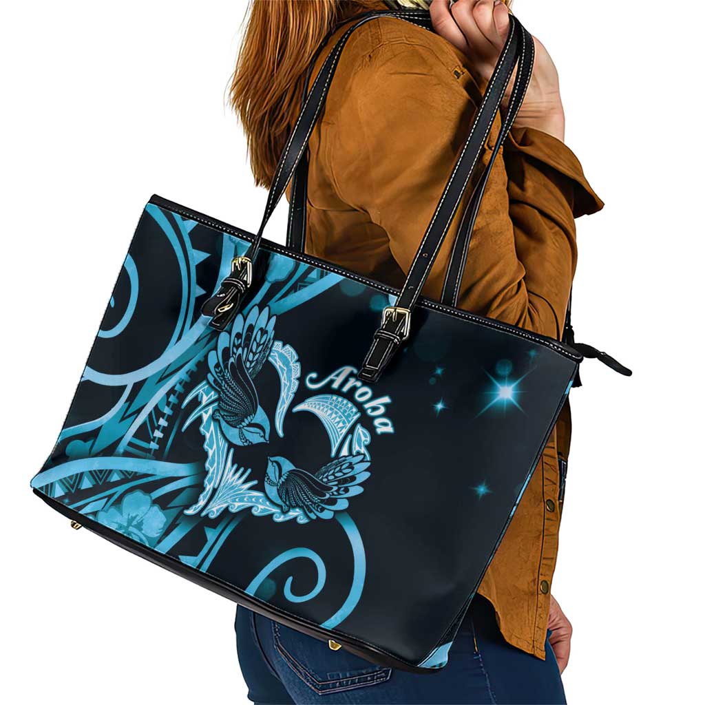 New Zealand Valentine Leather Tote Bag Aroha Cyan Piwakawaka LT05 - Polynesian Pride