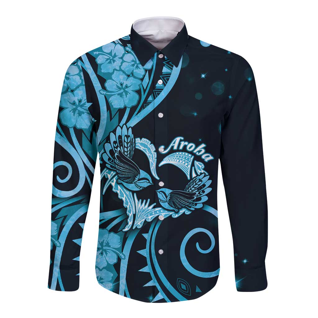 New Zealand Valentine Long Sleeve Button Shirt Aroha Cyan Piwakawaka LT05 Unisex Cyan - Polynesian Pride