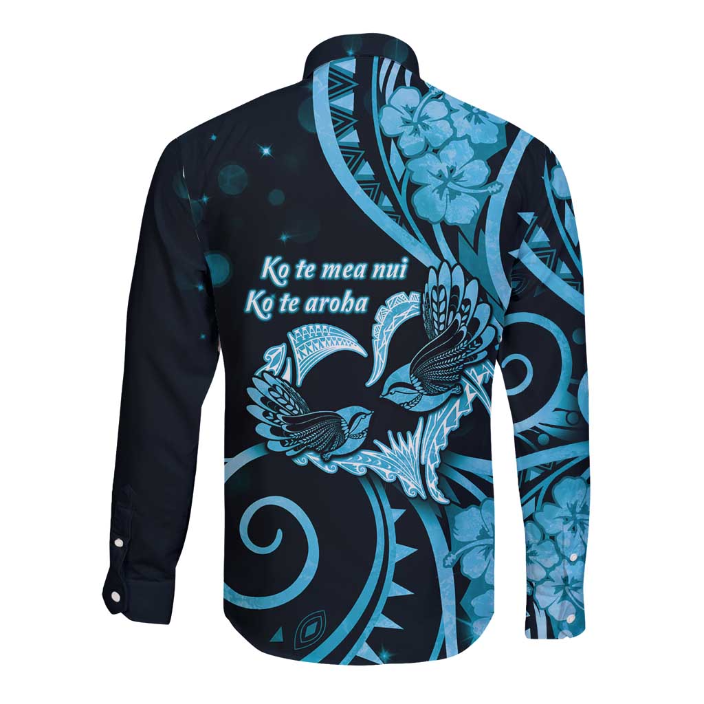 New Zealand Valentine Long Sleeve Button Shirt Aroha Cyan Piwakawaka LT05 - Polynesian Pride