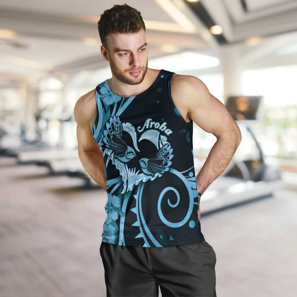 New Zealand Valentine Men Tank Top Aroha Cyan Piwakawaka LT05 Cyan - Polynesian Pride