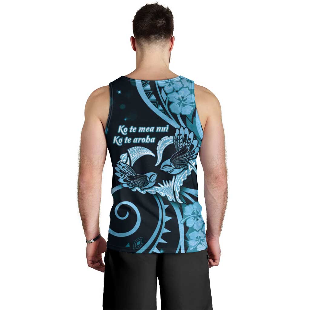 New Zealand Valentine Men Tank Top Aroha Cyan Piwakawaka LT05 - Polynesian Pride