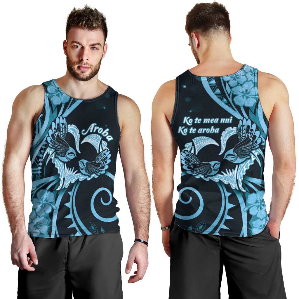 New Zealand Valentine Men Tank Top Aroha Cyan Piwakawaka LT05 - Polynesian Pride