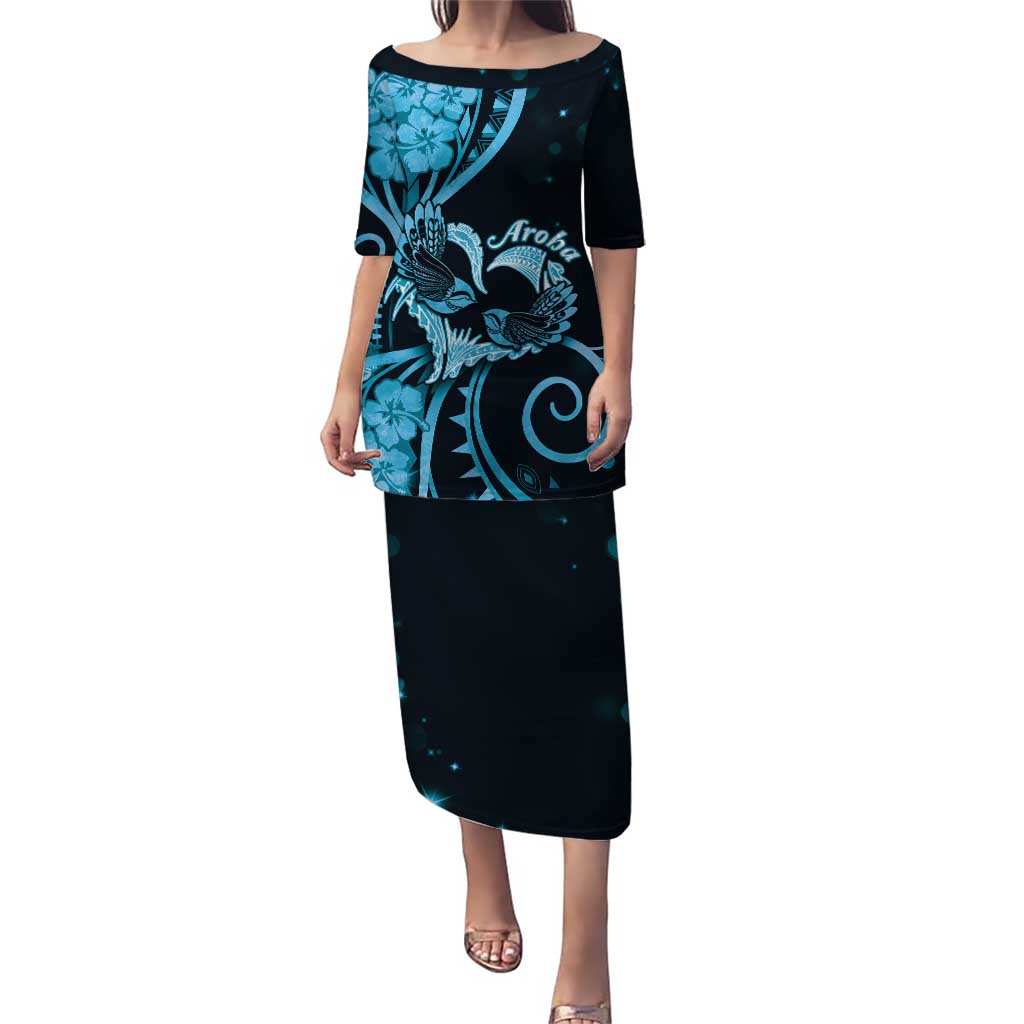 New Zealand Valentine Puletasi Aroha Cyan Piwakawaka LT05 Long Dress Cyan - Polynesian Pride