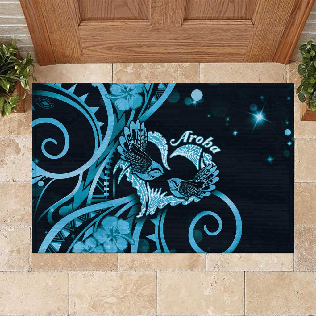 New Zealand Valentine Rubber Doormat Aroha Cyan Piwakawaka LT05 Cyan - Polynesian Pride