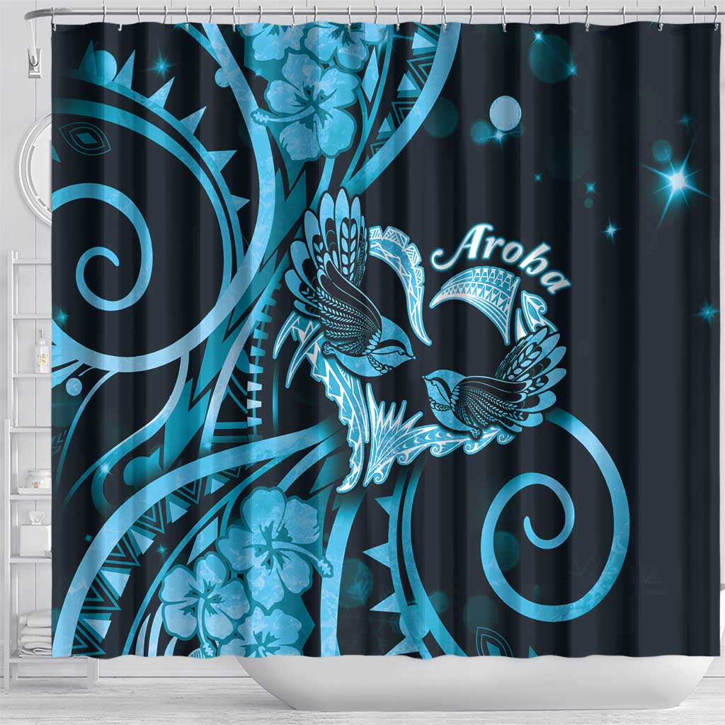 New Zealand Valentine Shower Curtain Aroha Cyan Piwakawaka