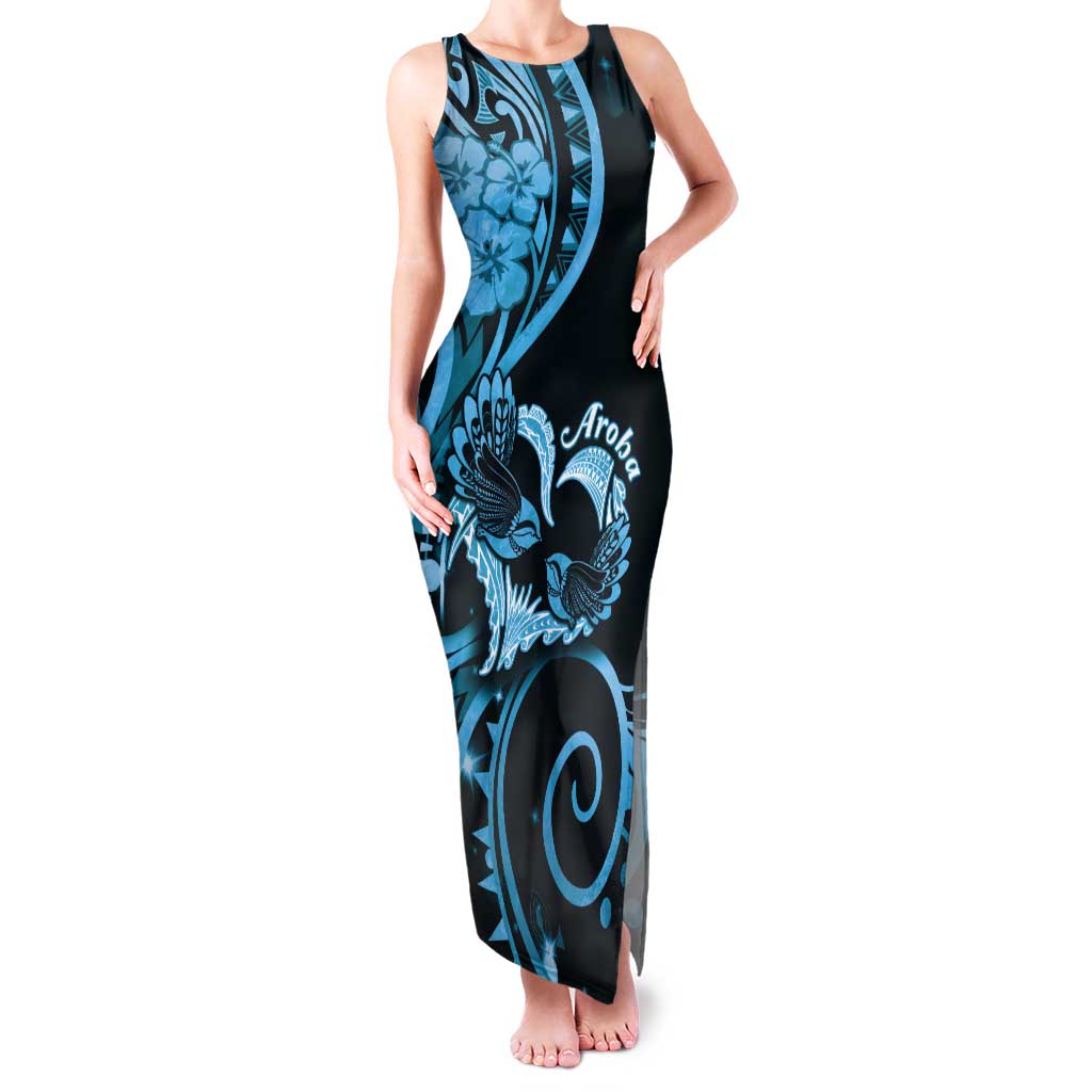 New Zealand Valentine Tank Maxi Dress Aroha Cyan Piwakawaka