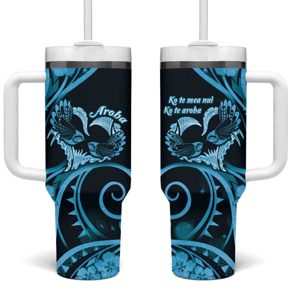 New Zealand Valentine Tumbler With Handle Aroha Cyan Piwakawaka LT05 One Size: 40 oz Cyan - Polynesian Pride