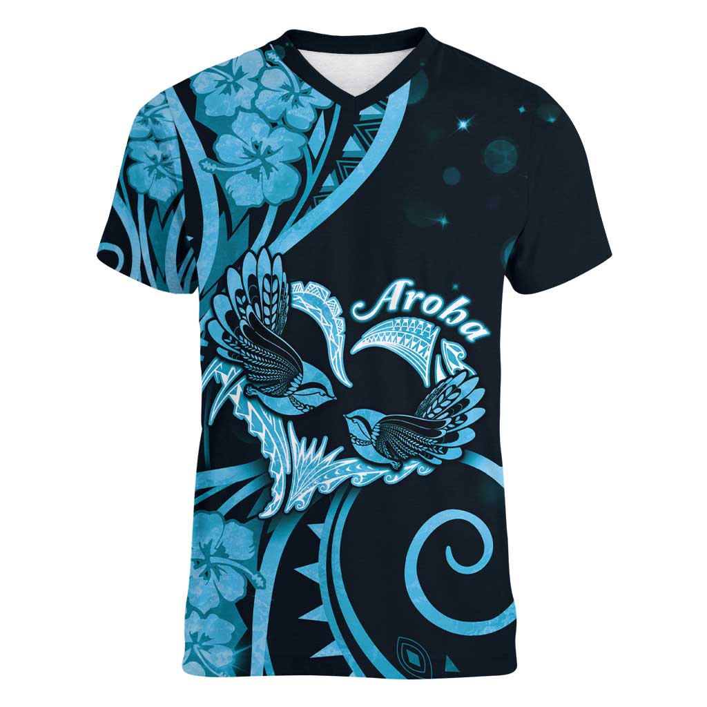 New Zealand Valentine Women V-Neck T-Shirt Aroha Cyan Piwakawaka