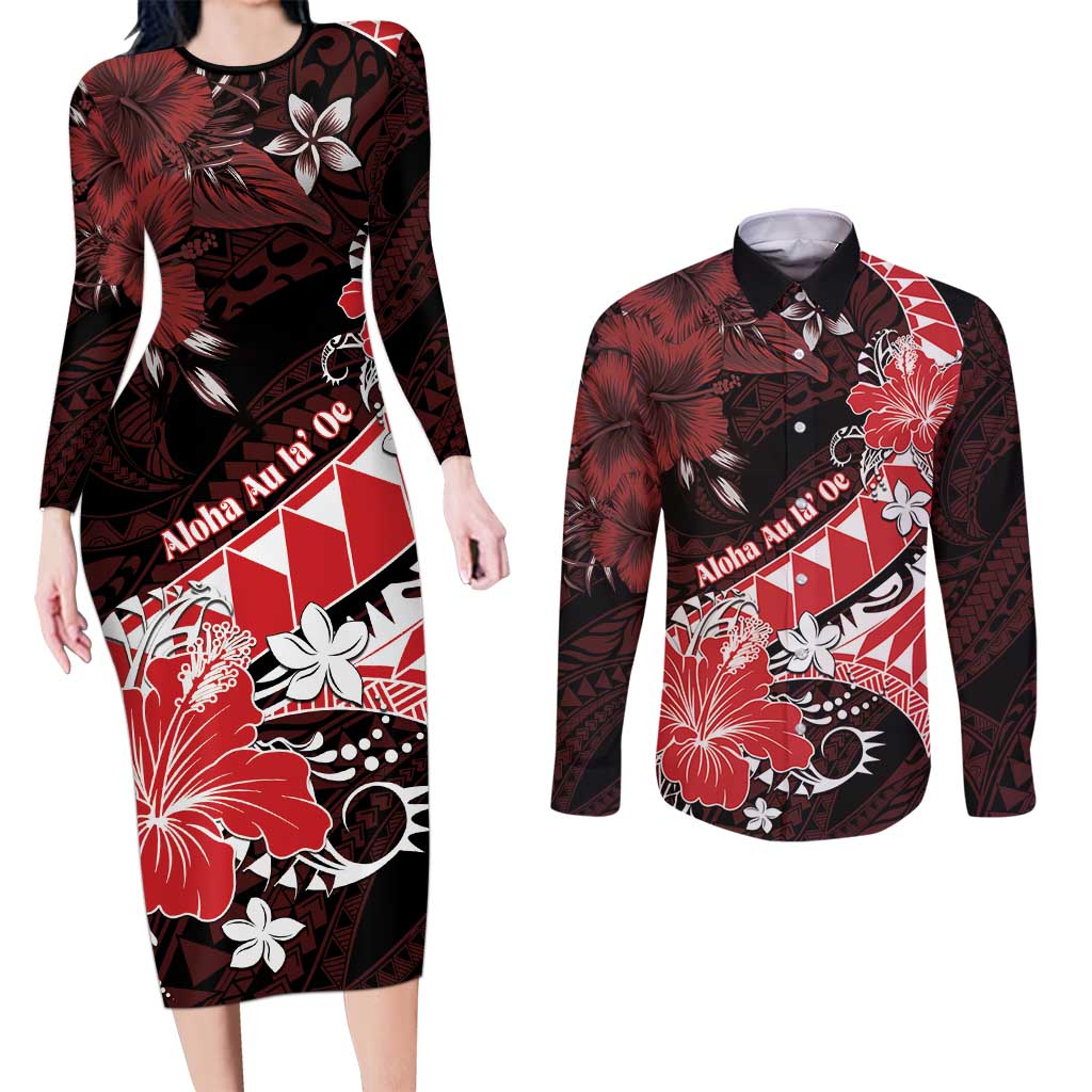 Personalised Hawaii Valentine Day Couples Matching Long Sleeve Bodycon Dress and Long Sleeve Button Shirt Polynesian Hibiscus Art Style Red