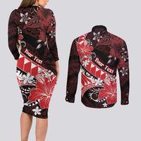 Personalised Hawaii Valentine Day Couples Matching Long Sleeve Bodycon Dress and Long Sleeve Button Shirt Polynesian Hibiscus Art Style Red