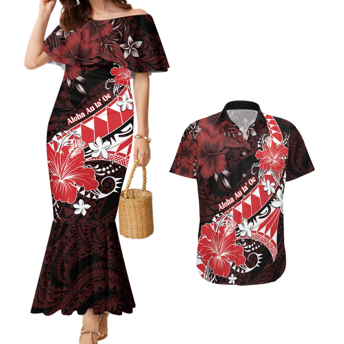 Personalised Hawaii Valentine Day Couples Matching Mermaid Dress and Hawaiian Shirt Polynesian Hibiscus Art Style Red