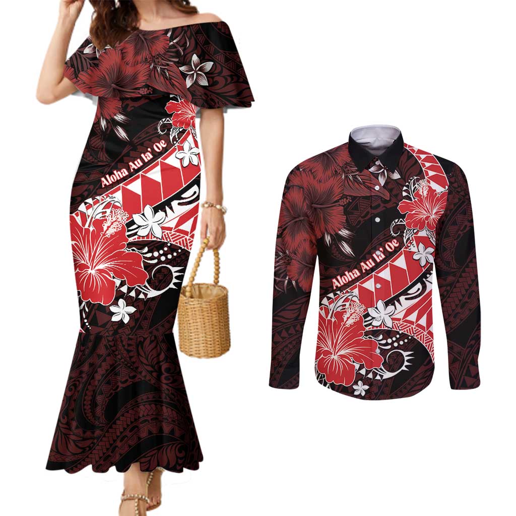 Personalised Hawaii Valentine Day Couples Matching Mermaid Dress and Long Sleeve Button Shirt Polynesian Hibiscus Art Style Red