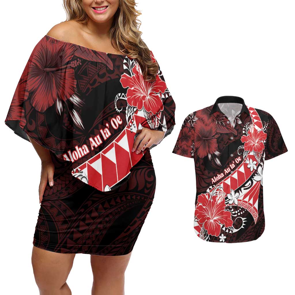 Personalised Hawaii Valentine Day Couples Matching Off Shoulder Short Dress and Hawaiian Shirt Polynesian Hibiscus Art Style Red