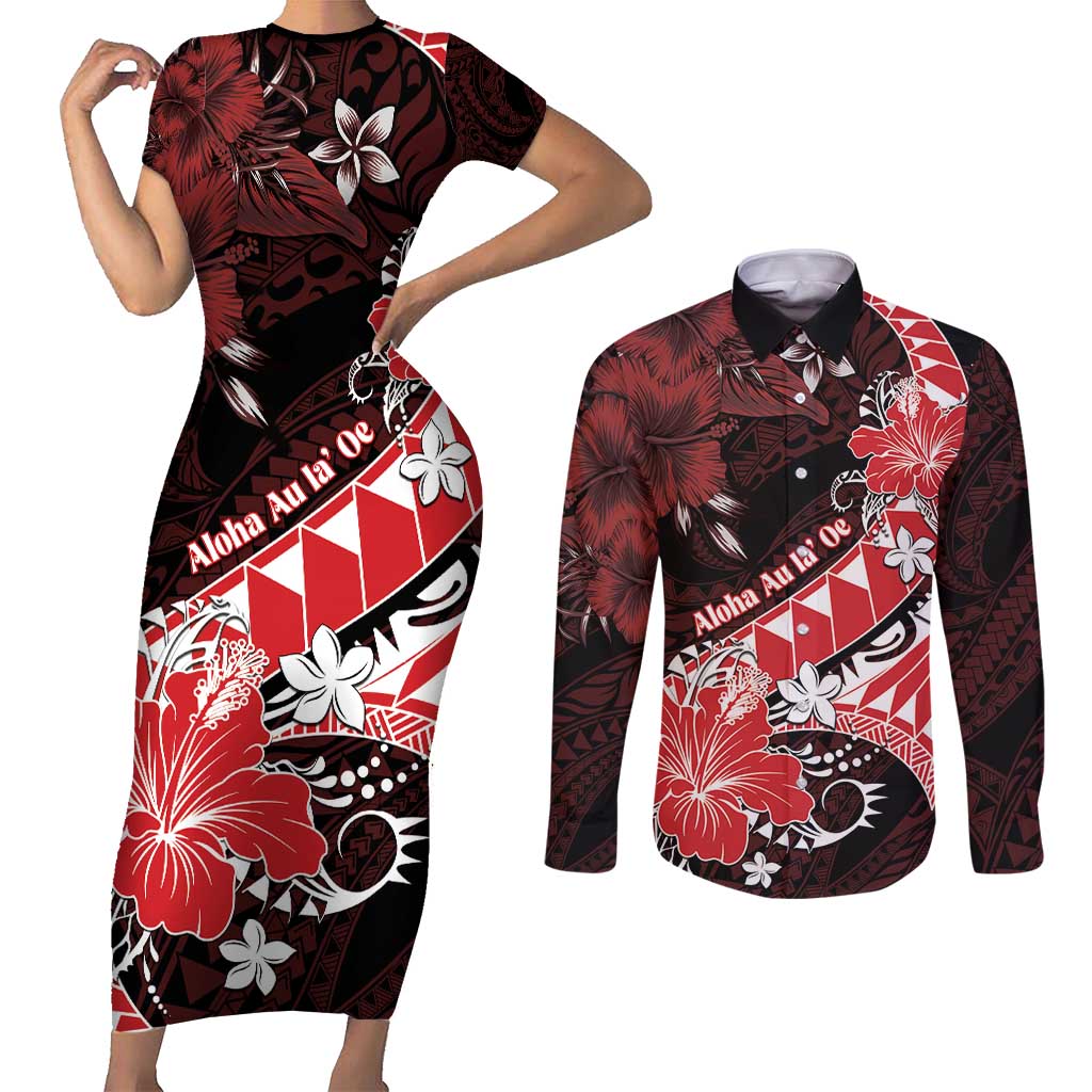 Personalised Hawaii Valentine Day Couples Matching Short Sleeve Bodycon Dress and Long Sleeve Button Shirt Polynesian Hibiscus Art Style Red